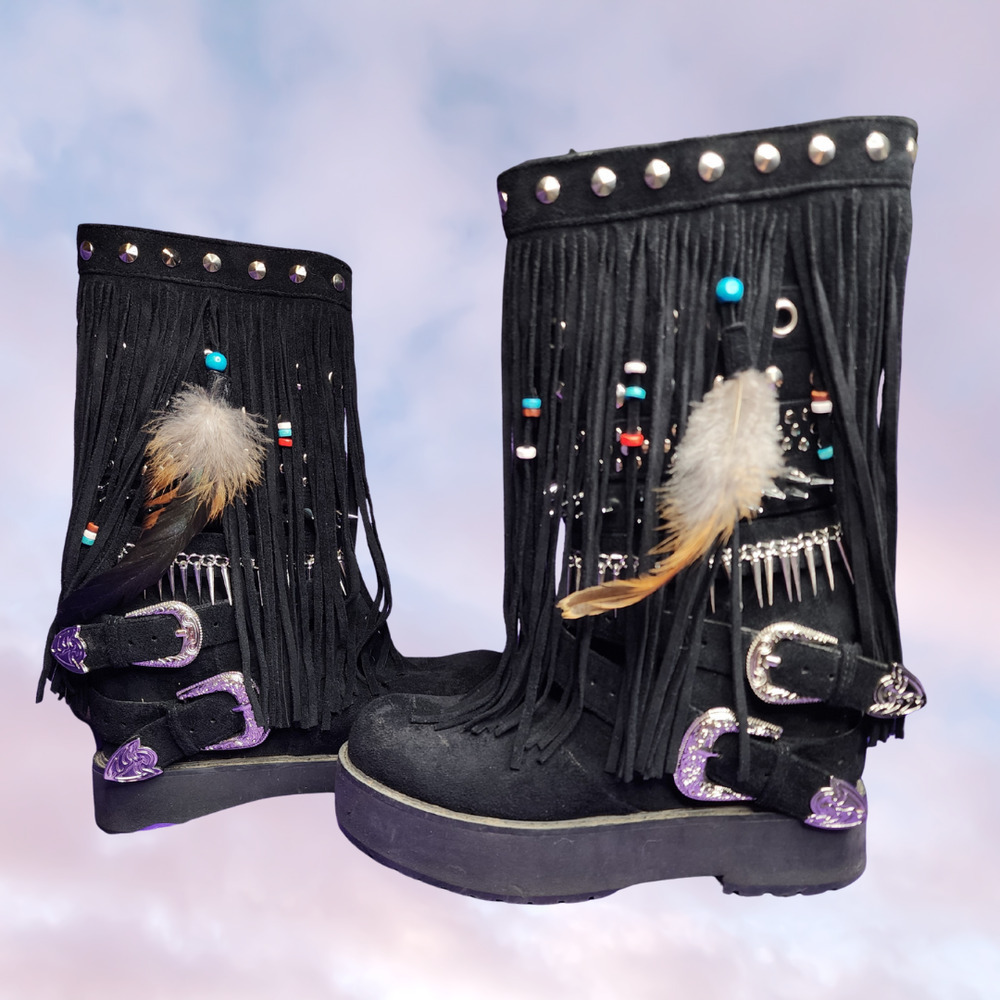 Current Mood Blackhawk Sedona Wedge Boots Black Fringe Rave Boho Black Womens 7M